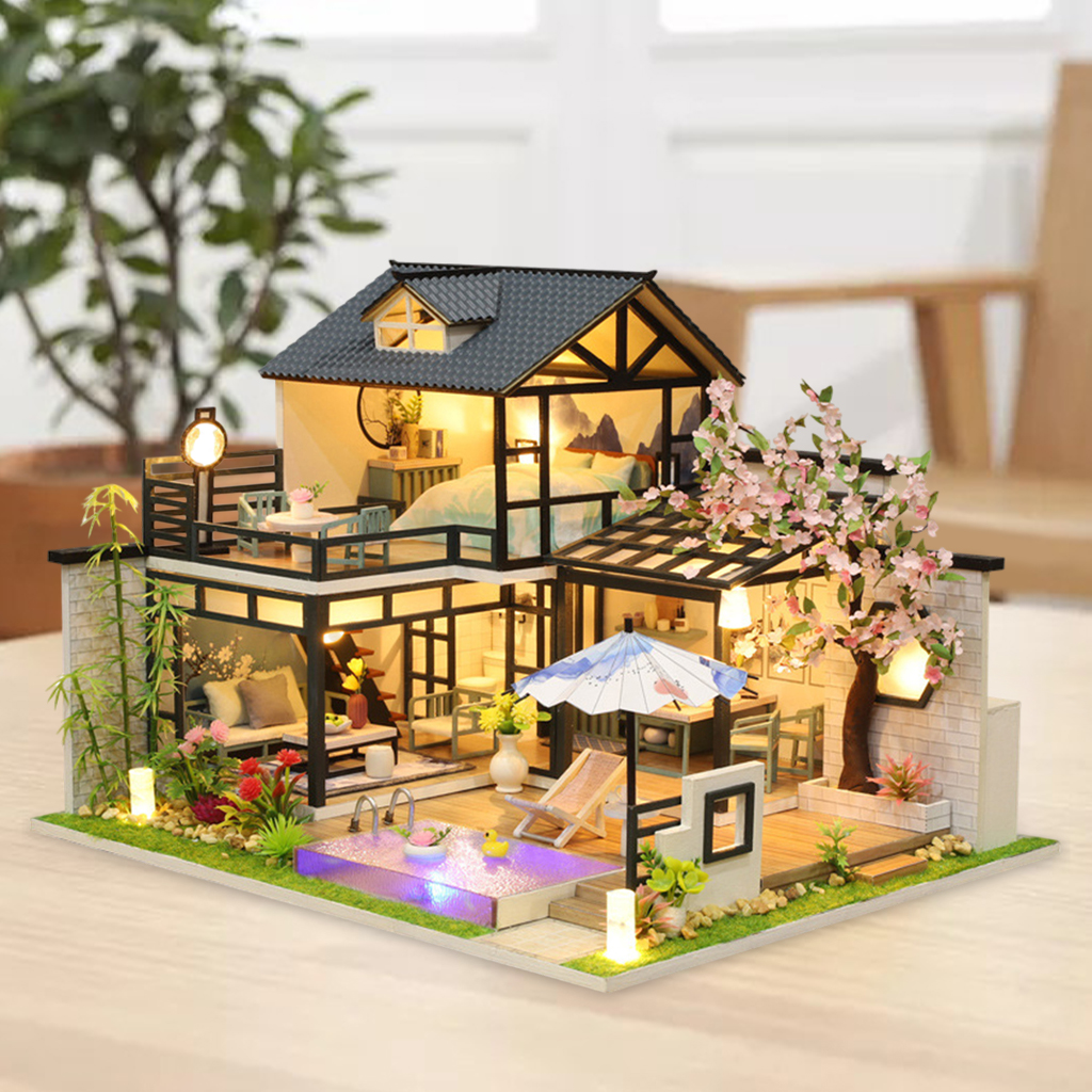 Wood Dollhouse Miniature with Furniture LED Light Kit Doll House Puzzles Building Kit Villa Room Birthday Gifts