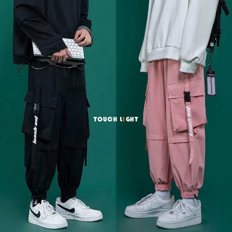mens cargo trousers Black Cargo Pants Men's Fashion Loose Tappered Casual Pants Pink Hip Hop Sports Pants Japanese Streetwear Pants Cargo Sweatpants cargo pants with straps