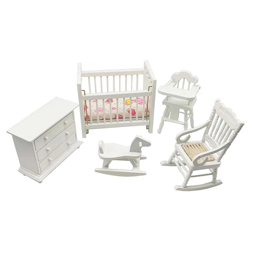5pcs 1/12 Mini Wooden Rocking Horse +Crib Set for Dollhouse Model Accs