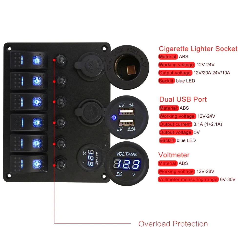 High Quality 6 Gang Waterproof Circuit LED On/Off Rocker Switch Panel