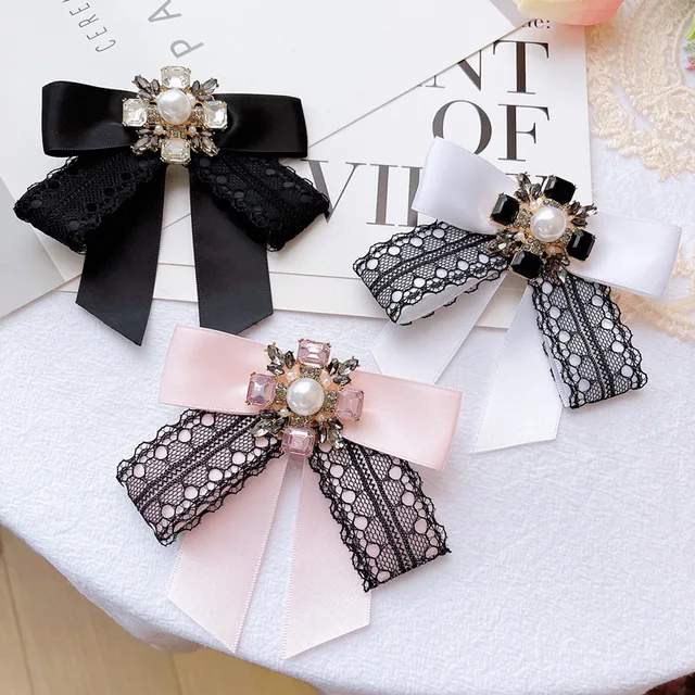 Lace Rhinestone Bow Tie Brooch Pin Fashion Korean Women's College Style  Shirt Neckline Accessories Ribbon Collar Flower Pins - Ties - AliExpress