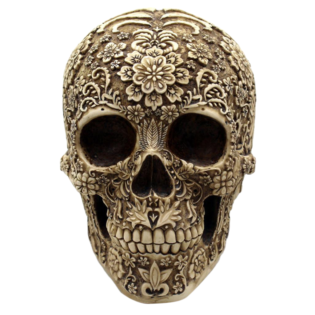 Vintage Resin Skull Statue Carved Flowers Home Decor Office Desk Ornament