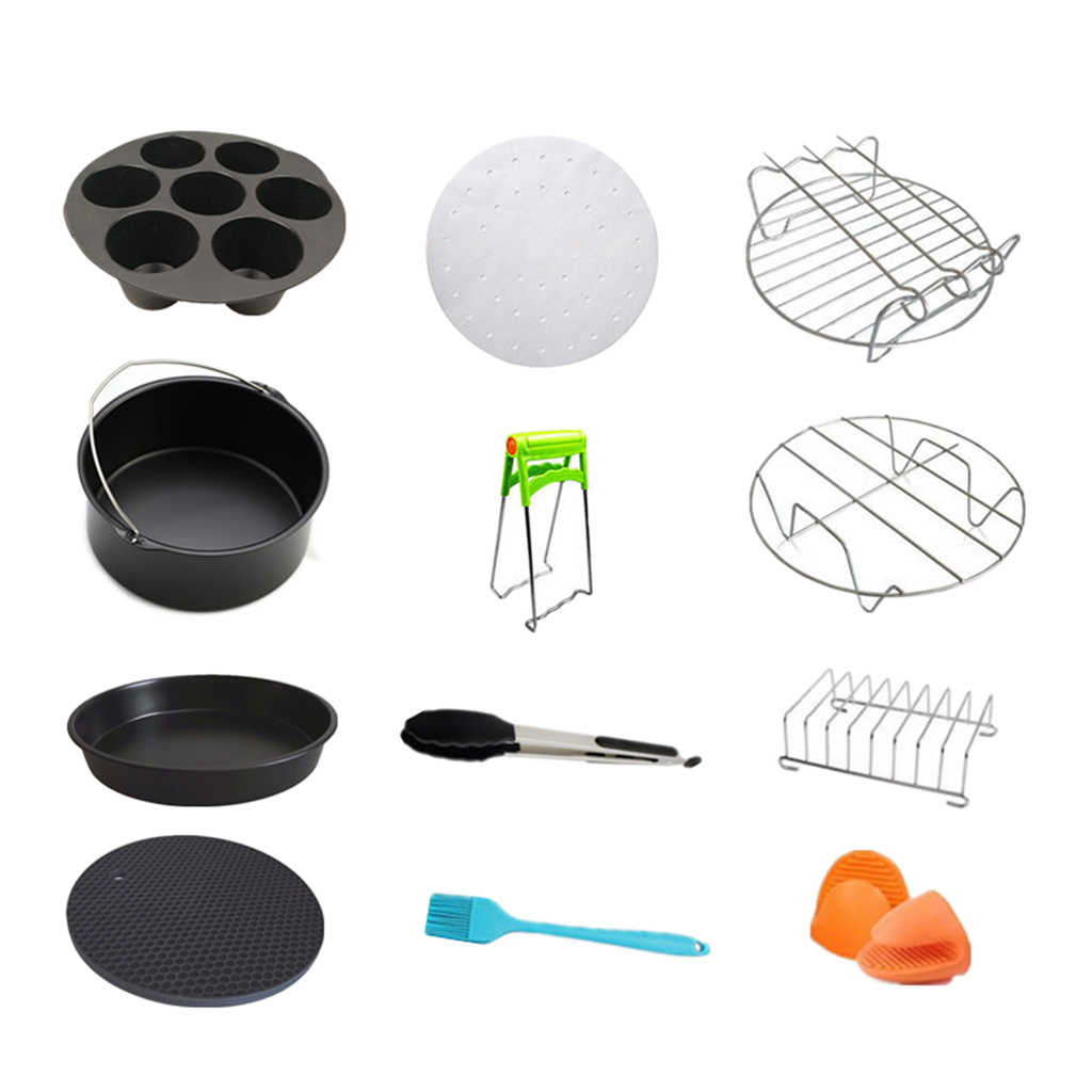 Air Fryer Accessories 7 inch 12 pcs Pizza Pan Metal Holder Silicone Oil Brush Pan Gripper