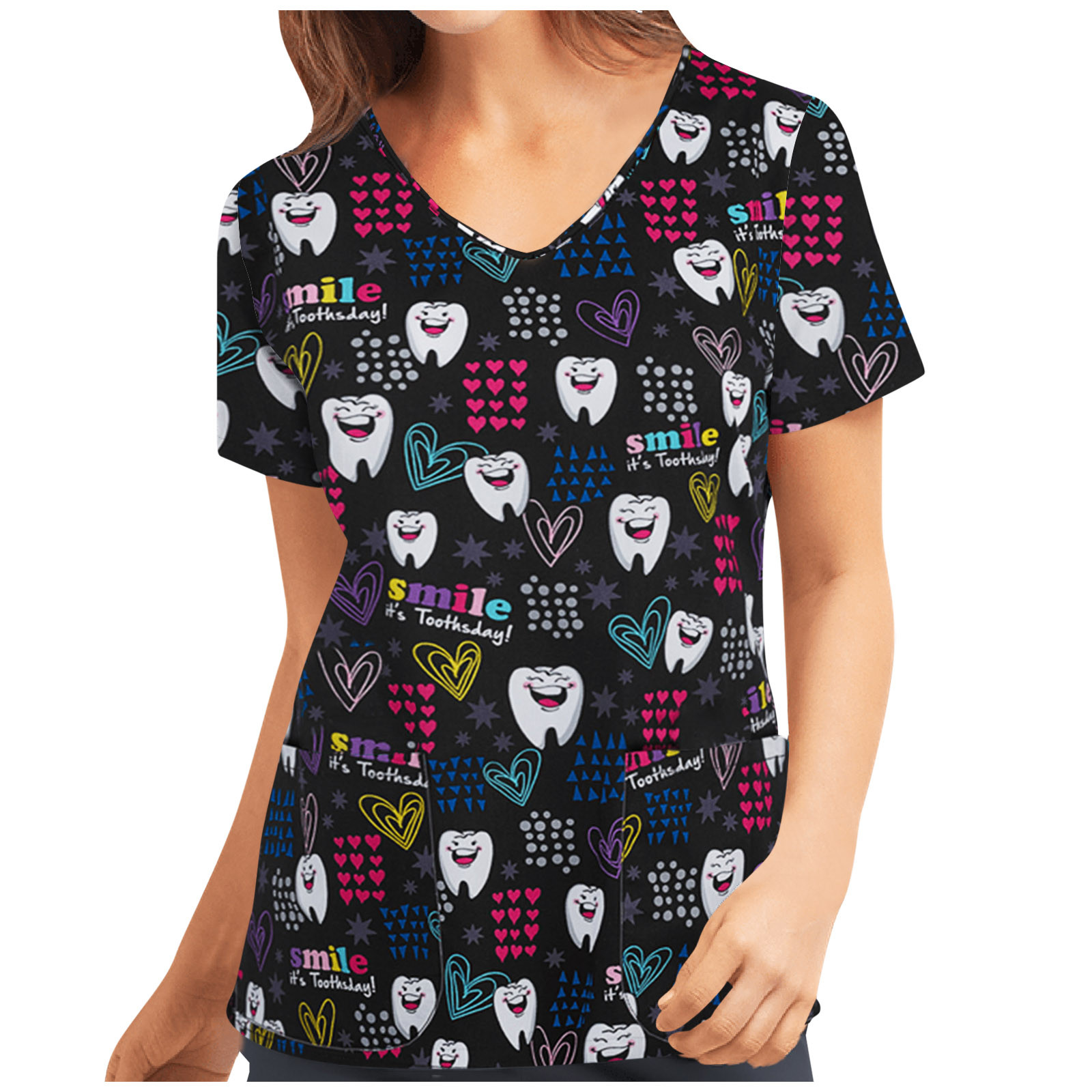 Teeth Print Scrub Tops Women Dentist Working Uniform Nurse Scrub Uniformes Medicos Para Mujer Tooth Hospital Workwear A50