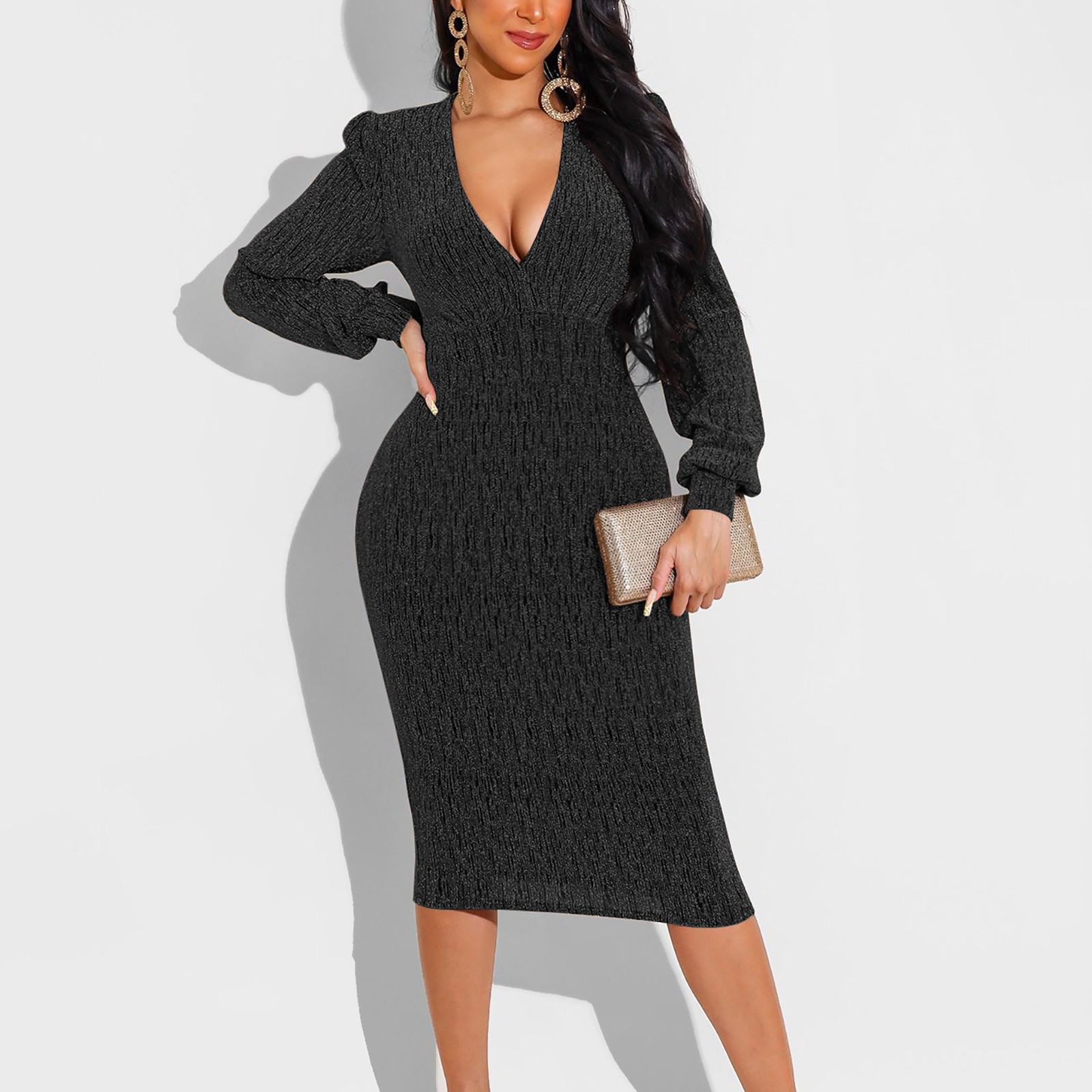Vestido de Festa Vestido de Baile Decote em v Sexy Lantejoulas Bainha Feminino Bodycon Ruched Curto Manga Longa Profundo Sparkly Preto Clube Vestidos 10 Weddings & Events