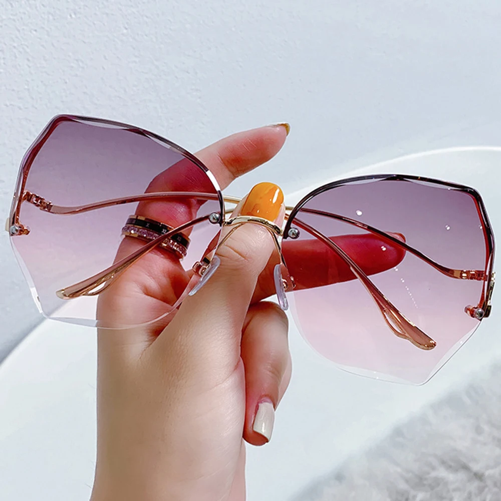 MUSELIFE 2023 Fashion Tea Gradient Sunglasses Women Ocean Water Cut Trimmed Lens Metal Curved Temples Sun Glasses Female UV400