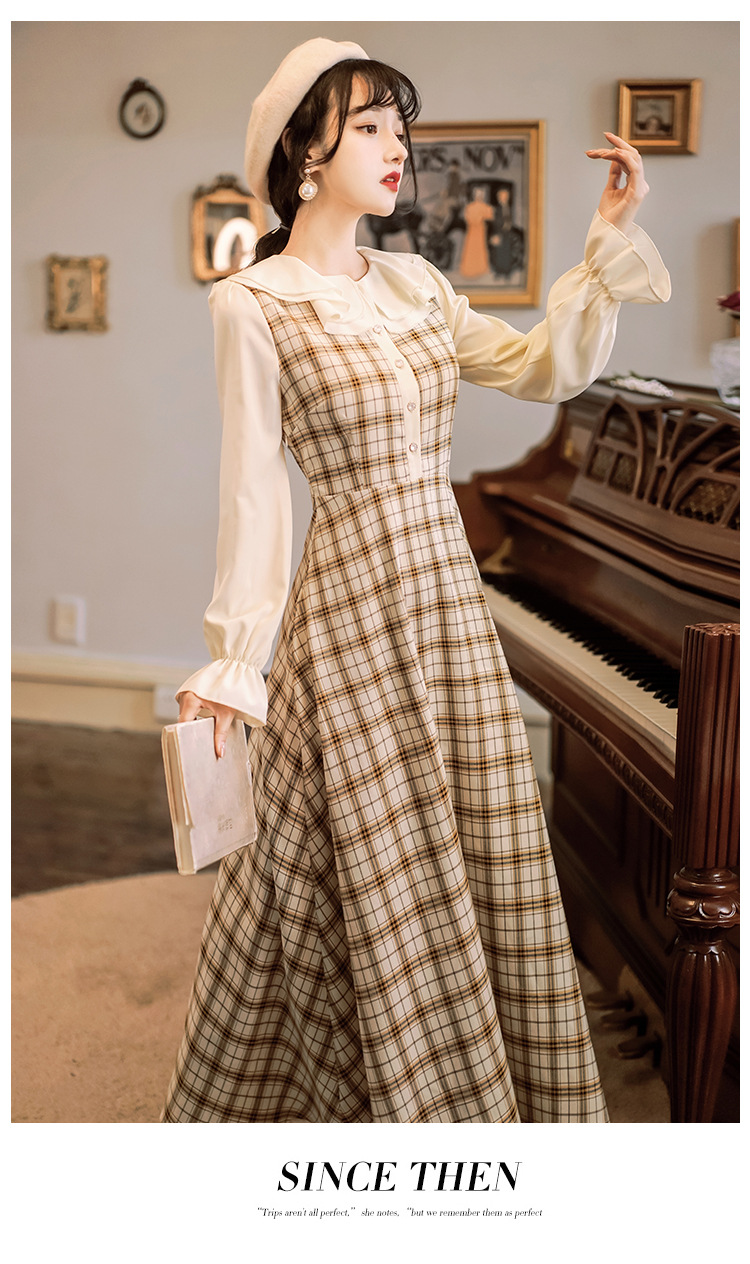 Xadrez do Vintage Vestido de Manga Vestido Feminino Primavera Artístico Plissado Colarinho Completa Emagrecimento Moda Temperamento Elegante Novo 2021 11 artístico plissado colarinho vestido de manga completa