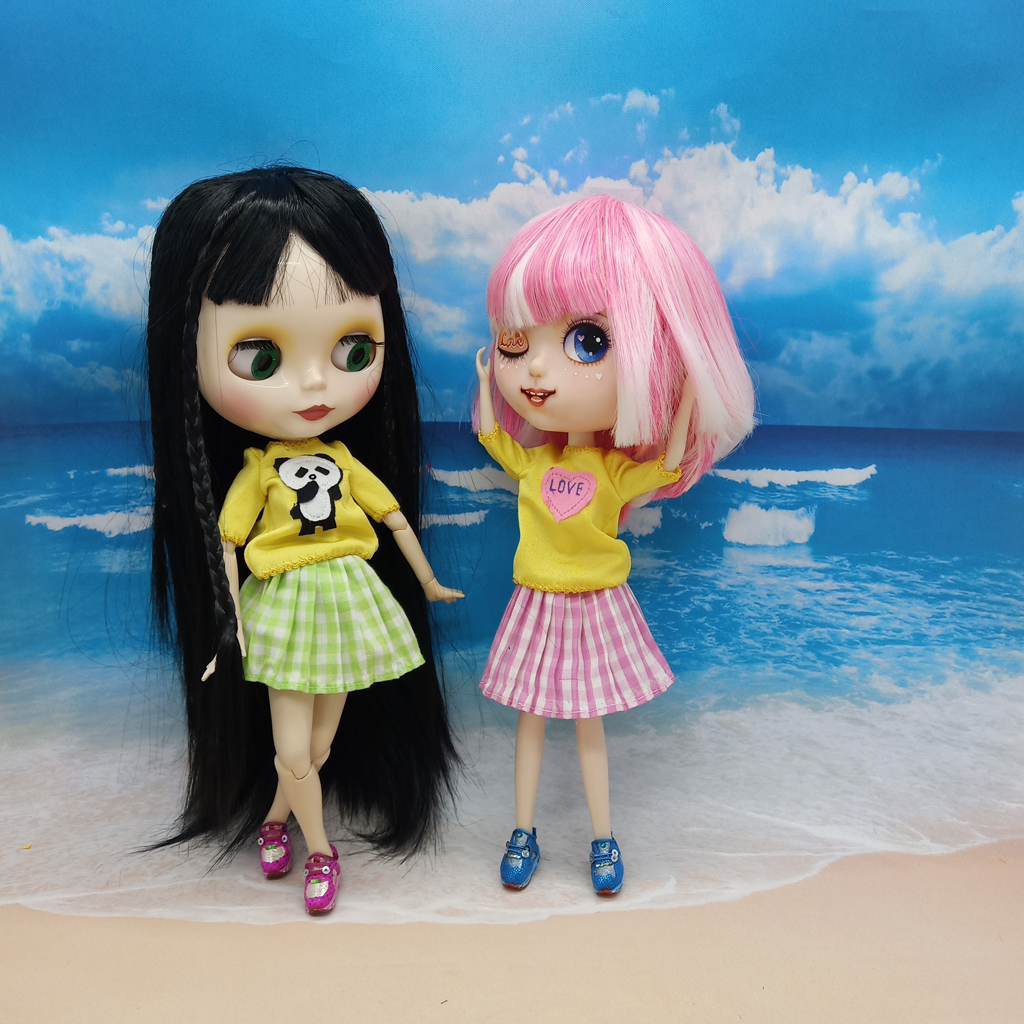 Adorable Cartoon Costume T-shirt & Plaid Miniskirt For 12inch Blythe Dolls