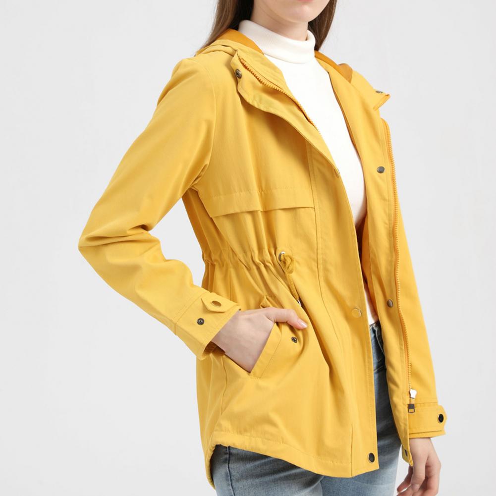 Hooded Back Split Drawstrings Buttons Pockets Zipper Jacket