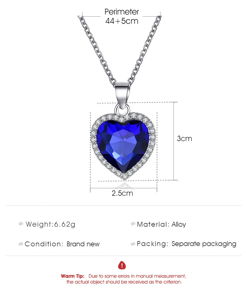 2021 New Simple Titanic Heart of Ocean Necklace Blue Crystal Love Heart Forever Pendant Necklace For Women Wedding Party Jewelry