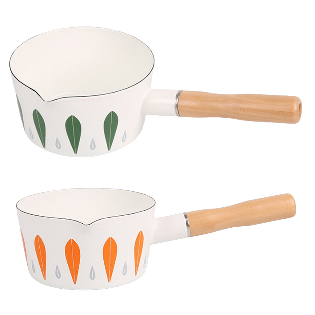 Saucepan 1L Enamel Milk Pot Wooden Handle Small Pot Oil Fryer Kitchen Utensils, No Lid
