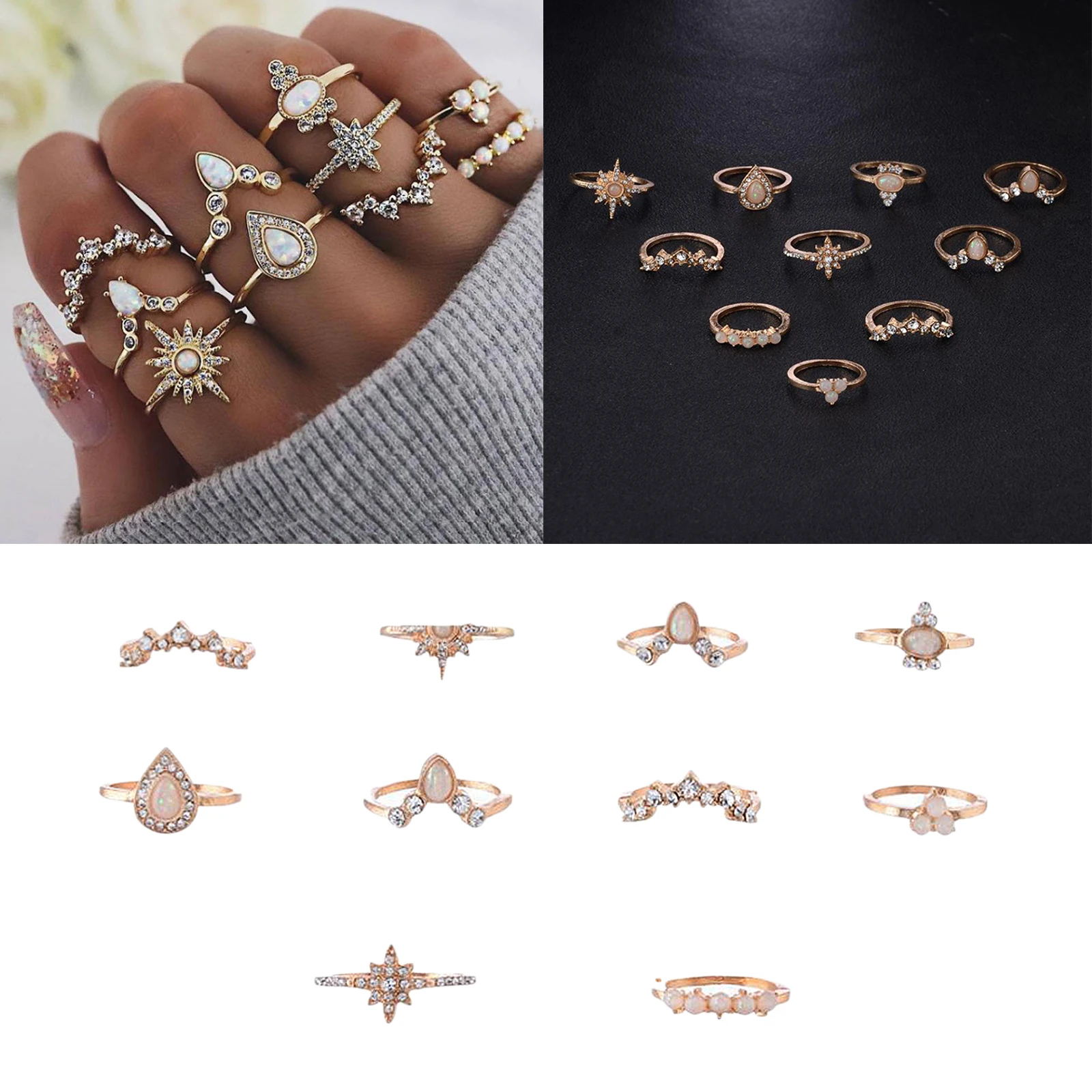 Set of 10 Rings Boho Knuckle Fashion Vintage Retro Crystal Thumb Mid Stack Jewelry