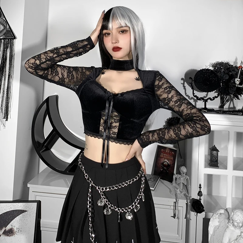 E-girl Black Velvet Croset Crop Tops y2k Aesthetic Elegant Lady Sexy Hollow Out Lace Up T Shirt Gothic Mall Goth Emo Alt Clothes