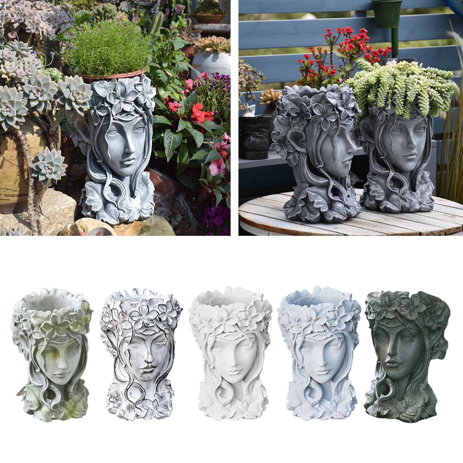 Resin Goddess Head Planter Flower Pot Beauty Face Figurine Ornament Decorat...
