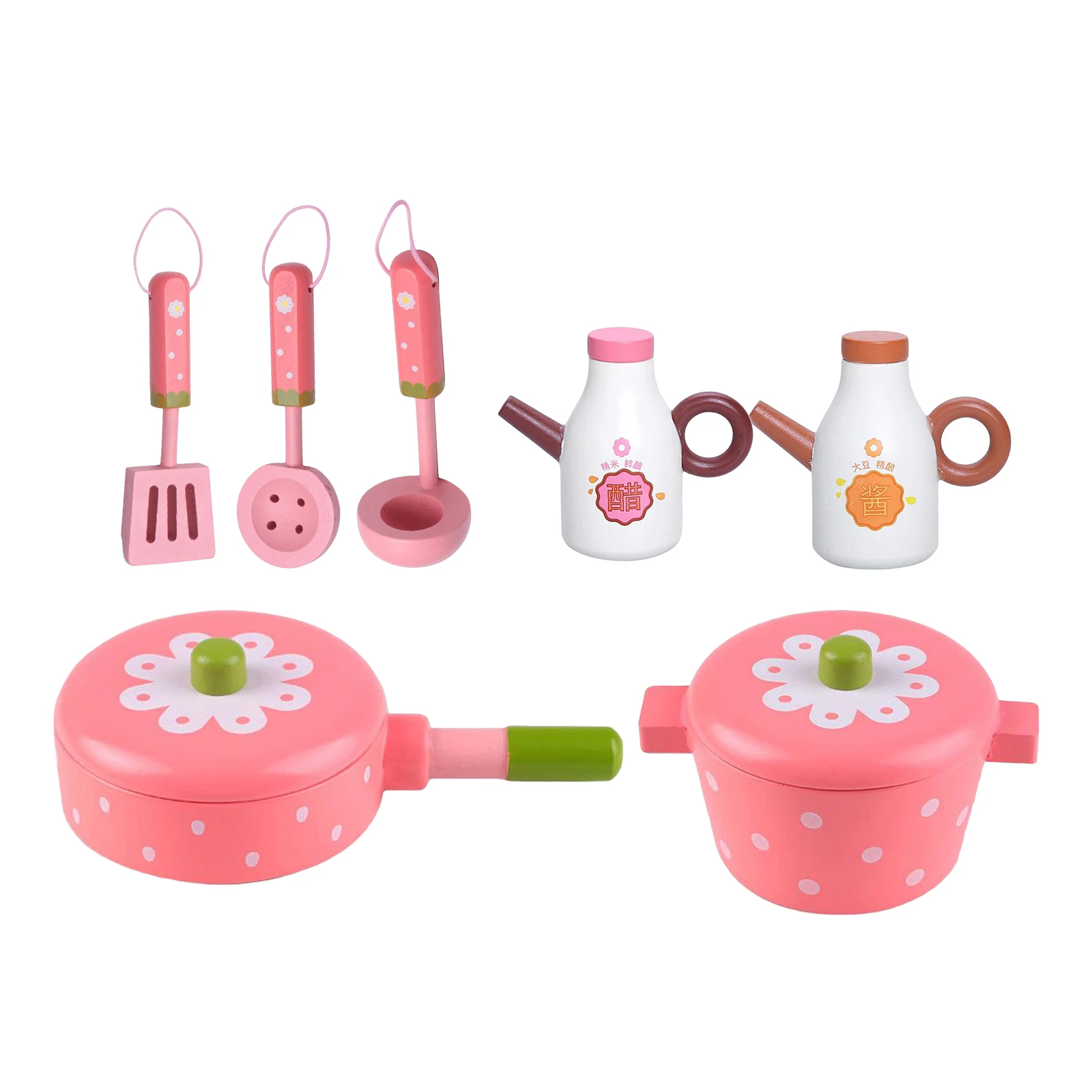 7PCS/Set Mini Kitchen Toys Pretend Cooking Pink Wooden Cookware Pot Pan Miniature Utensils Role Playing Learning Kitchen Toy