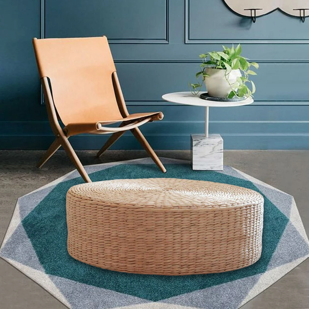 Natural Straw Floor Cushion Pouf Pure Hand Woven Room Patio Seat Pillow Yoga Worship Flat Mat Pad for Outdoor Indoor 40cm