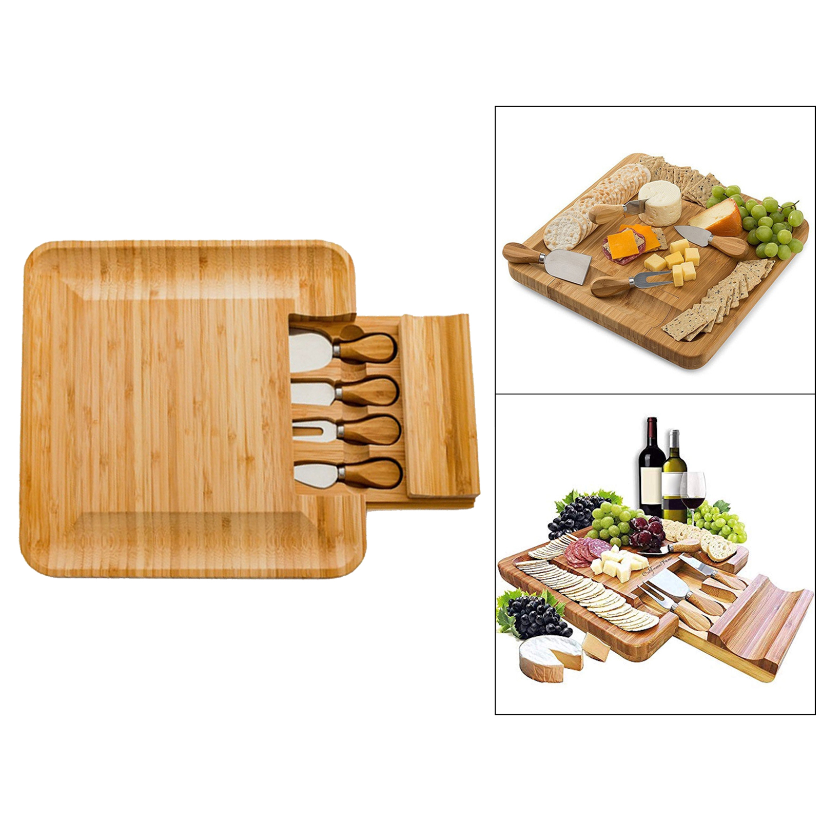 Square Bamboo Cheese Board  Platter & Knife Set Slide-Out Drawer
