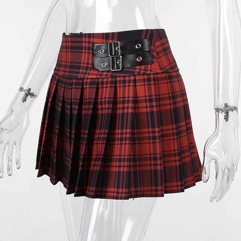 E-girl Gothic Red Plaid Pleated Skirt Y2K Vintage Grunge Belt Zip High Waist A-line Mini Skirt Women Vintage Harajuku Streetwear