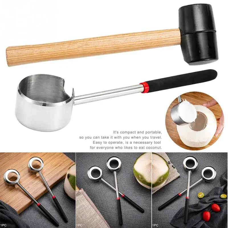 Coconut Opener Wooden Handle Fruit Rubber  Meat Tool Easy Use Portable Manual Non Toxic Stainless Steel Punch Hole Kitchen