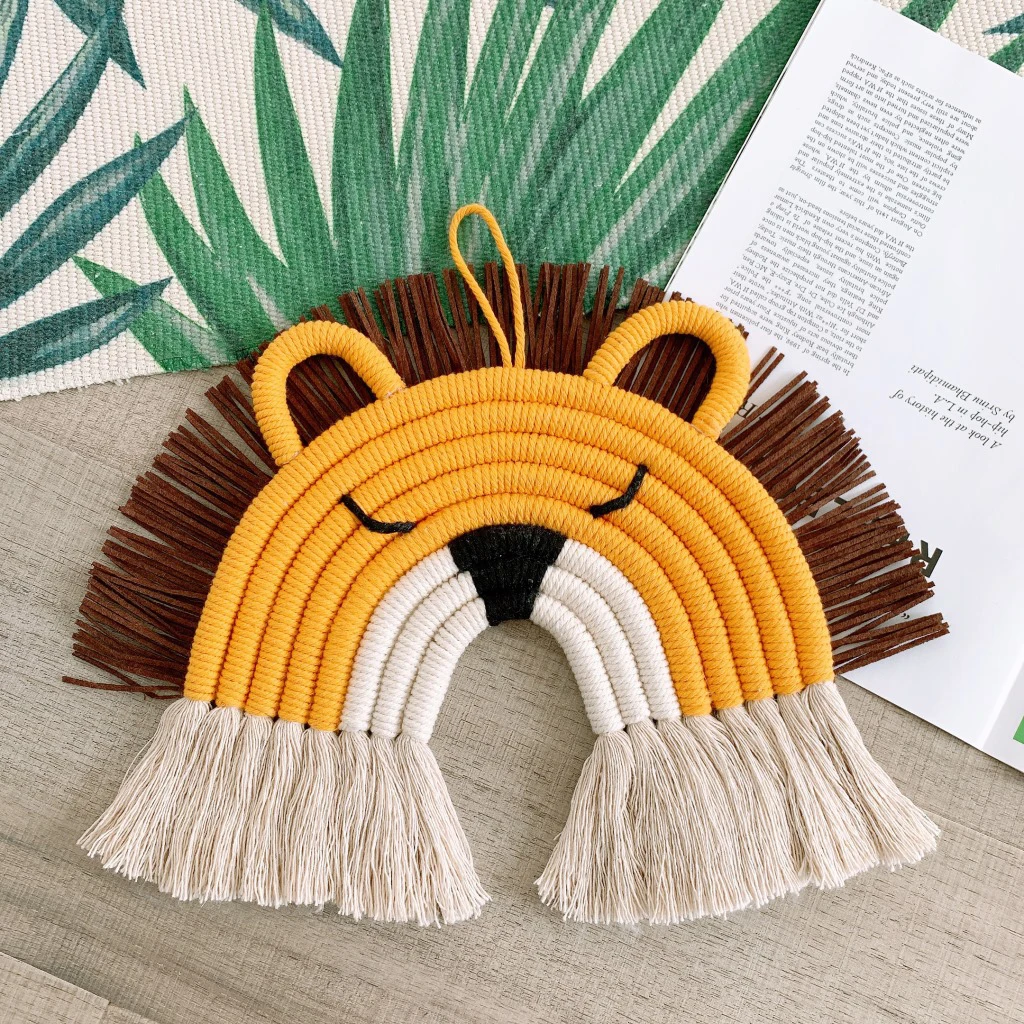 Deer/Lion Macrame Rainbow Wall Decor for Bedroom Nursery Baby Kids Rooms Colorful Tapestry Rope Woven Tassel Wall Hanging Toys