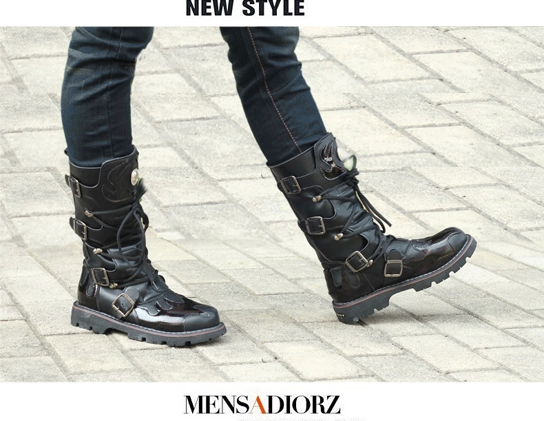 Genuine Leather Men's Motorcycle Boots Knee High Punk Tactical Tactical Boots Winter Snow Boots New Male Rock Half Boots