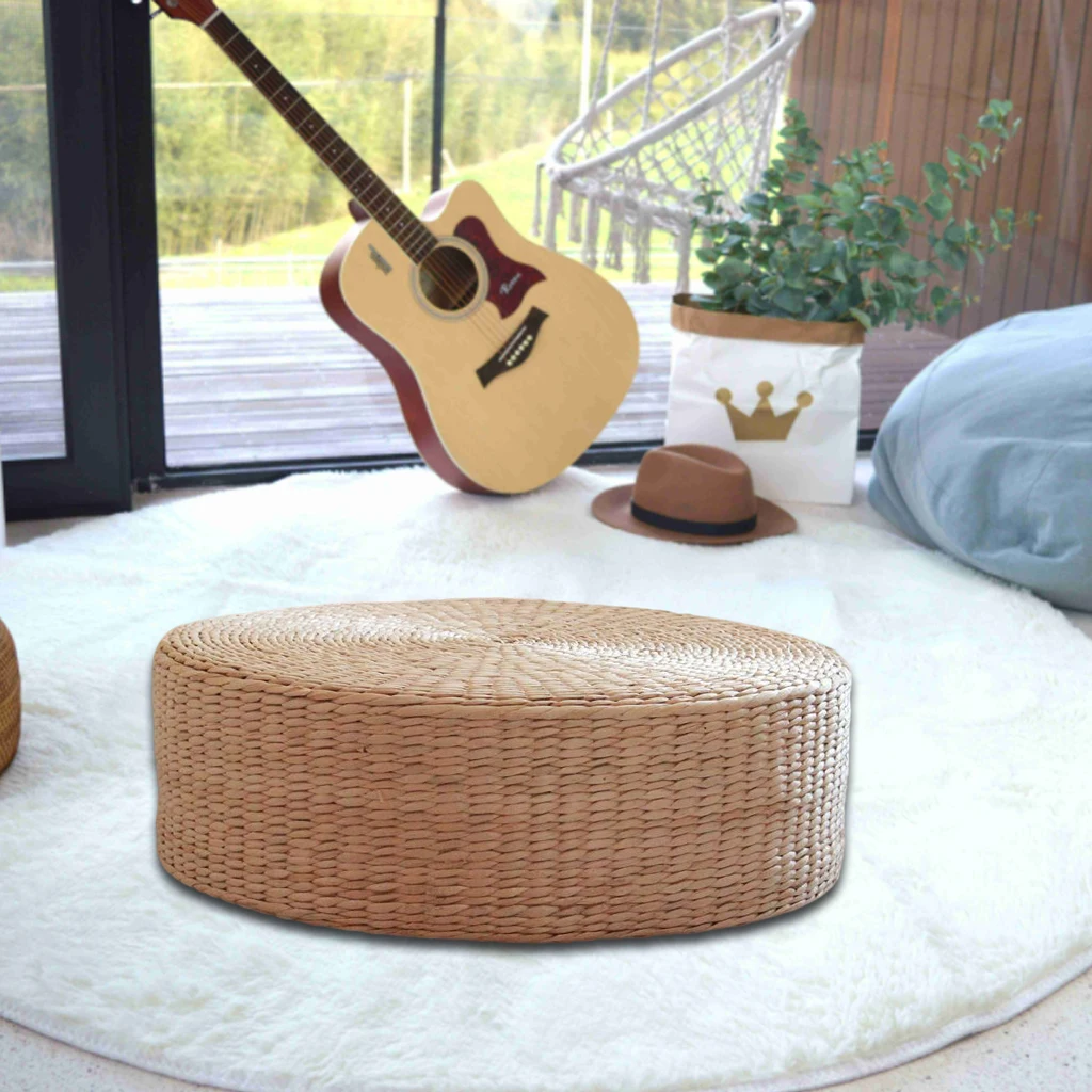 Natural Straw Floor Cushion Pouf Pure Hand Woven Room Patio Seat Pillow Yoga Worship Flat Mat Pad for Outdoor Indoor 40cm