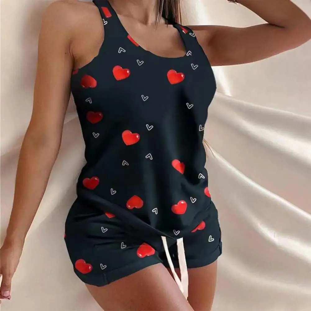 2Pcs/Set Casual Outfit Sleeveless Top Set Round Neck Comfortable Summer Slim Splicing Design Drawstring Camisole Set for Home matching lounge set