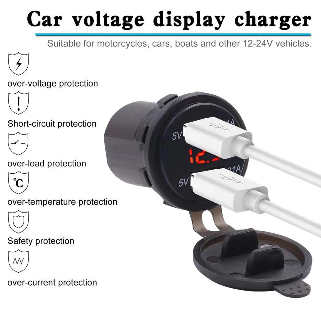 Dual USB Charger Power Outlet Digital Voltmeter Red LED Light 12-24V For Car