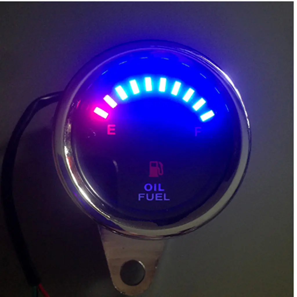 12V Chrome Motorcycle Motorbike Fuel/Oil Level Gauge Red Blue LED Indicator Waterproof