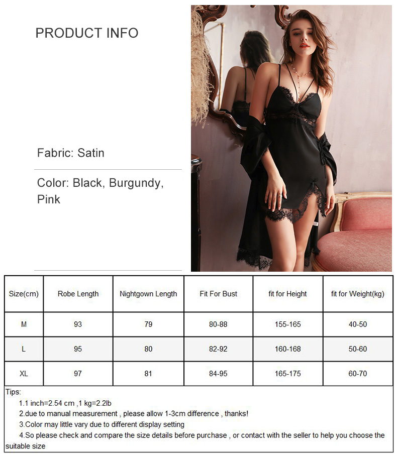 Waliicorners Suit Lace Patchwork Bridesmaid Robe Gown Satin Sleepwear Bathrobe 2PCS 50 Hf4677f0571054d47bfc78688ff22027ei