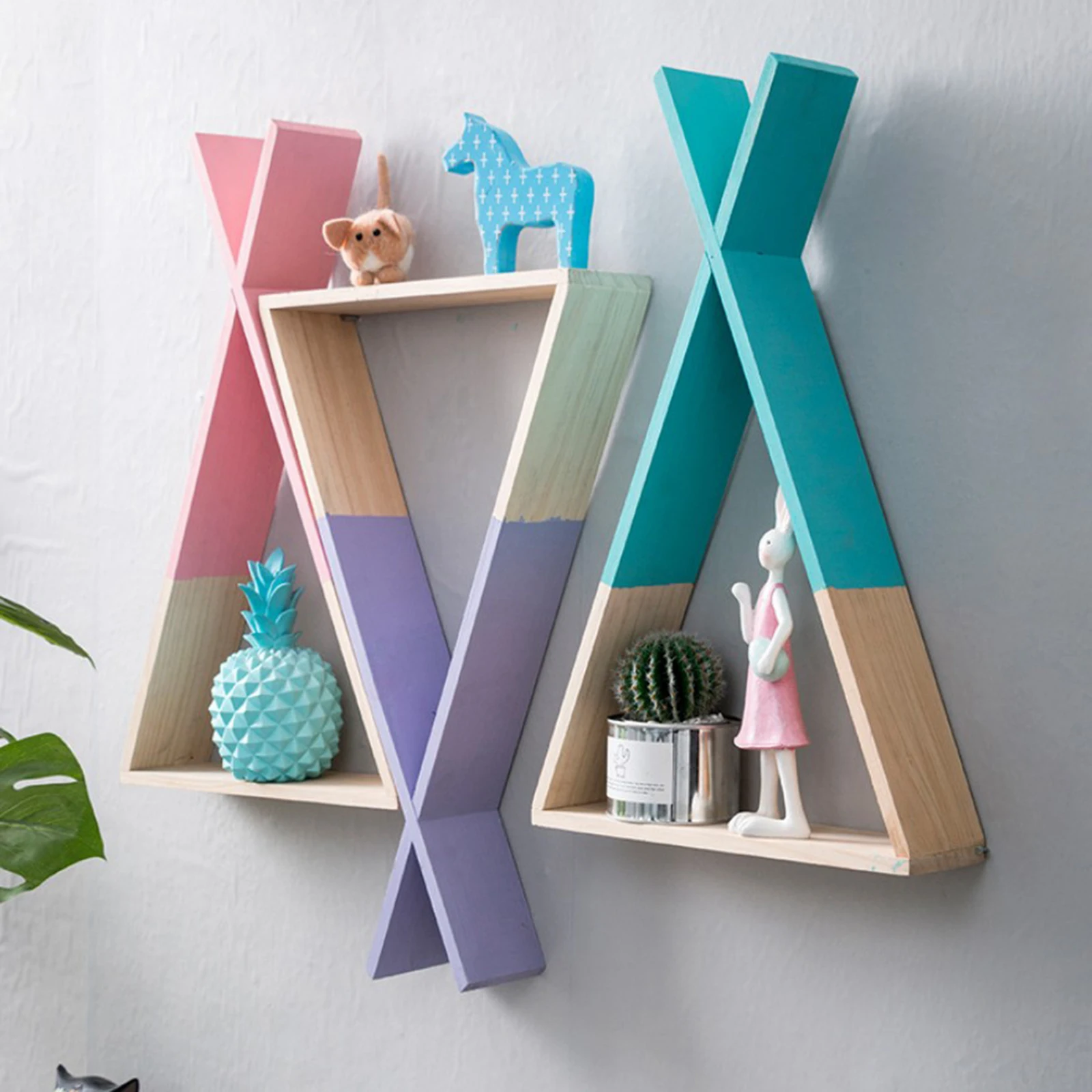 Nordic Style Baby Wooden Wall Shelf Hanging Display Triangle Rack Bookshelf Bedroom Art Office Lovely Colors
