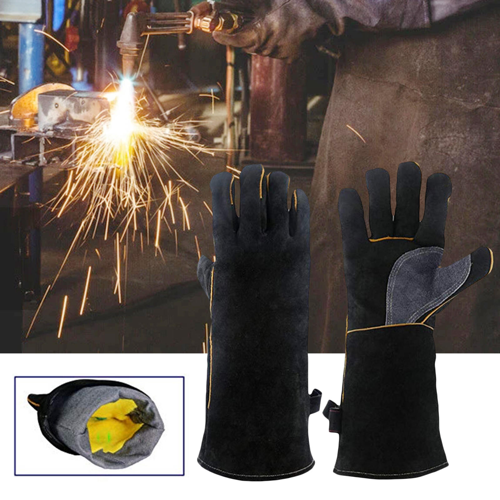 Heat Resistant BBQ Gloves 16 inch with Stitching Leather Oven Mitts for Baking Cooking Kitchen Furnace Fireplace
