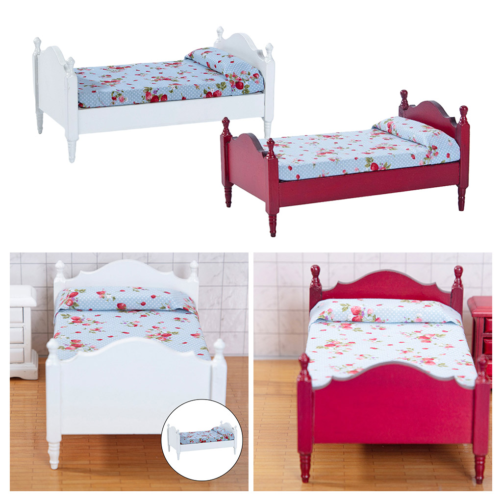 1/12 Miniature Dollhouse Bed Dollhouse Furniture Kids Toys Mini Baby Bed Set Miniature