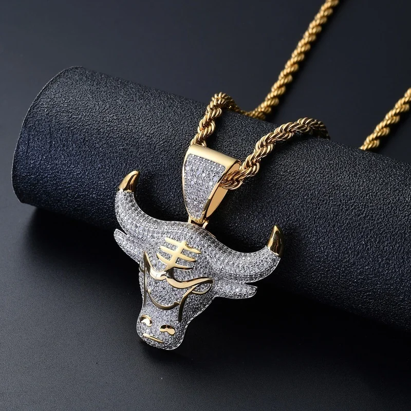 Bull Head Pendant Rhinestone Gold Tone Cow Hip Hop Jewelry Men's Rappers Rodeo 