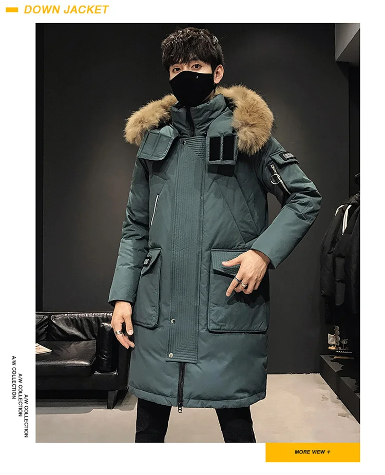 Winter Jacket Men's Trend Thickening Mid-Length Large Fur Collar Outdoor Youth Men's Down Jacket Korean Running Gay black puffer