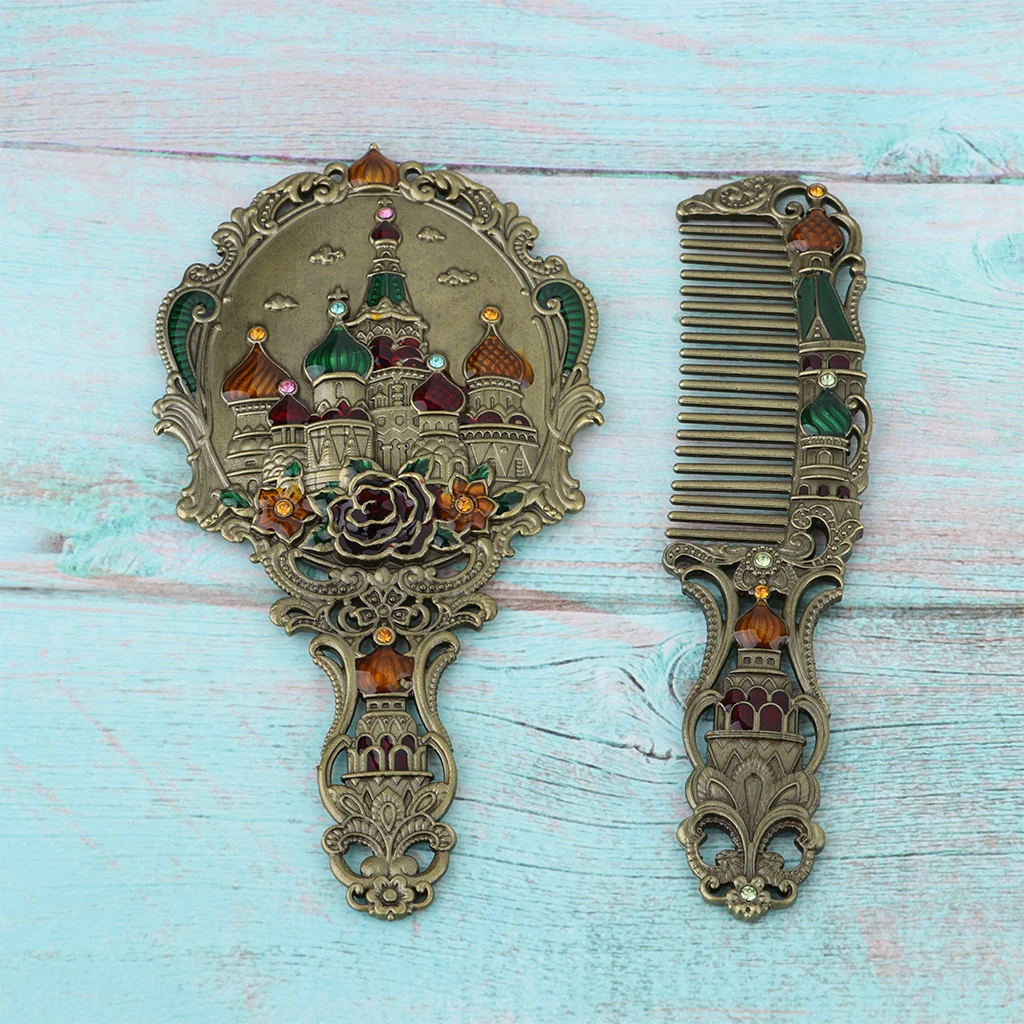 Vintage Metal Castle Pattern Mirror and Comb Set Portable Vanity Beauty Tool Gifts