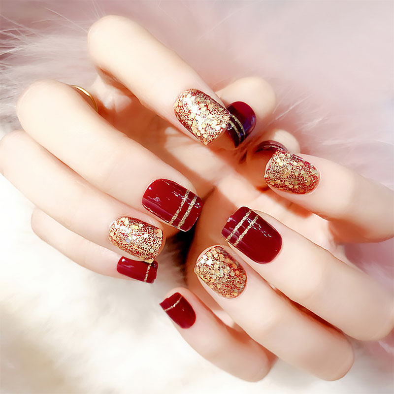 Falsas com Glitter Curto Vinho Vermelho Prego Arte Unhas Dourado Champanhe Casamento Unha Ponta Completa Hjl2022 24 Pçs 3 Cheap Unhas postiças