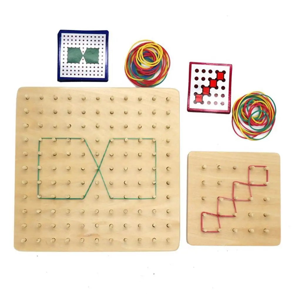 AU_ Geometry Learning Education Toy Wooden Rubber Tie Nail Geoboard with Cards E 
