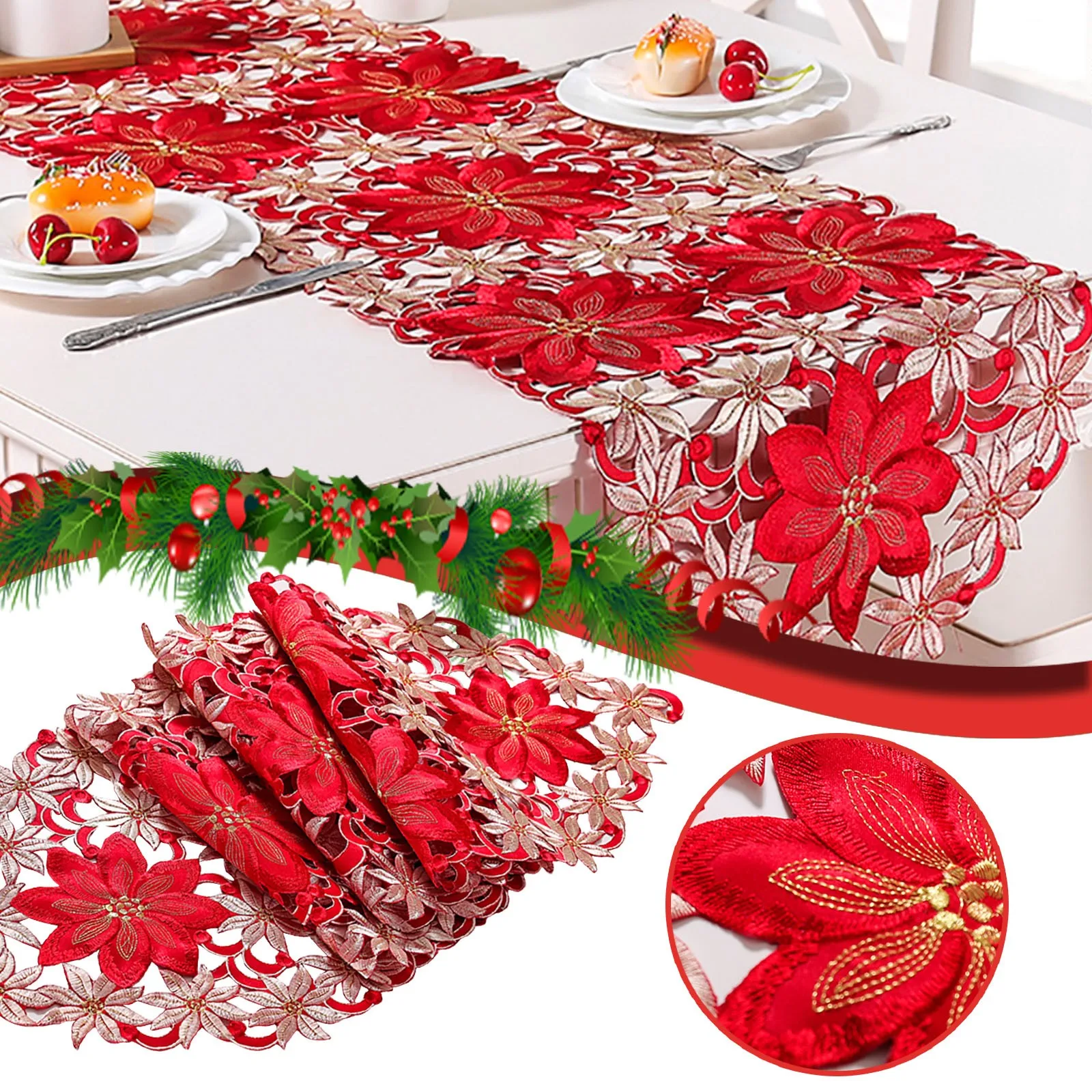 Christmas Table Runner Scarf Handmade 13.5 x 40.5 New home decor dining room accessory red green poinsettias Holiday holly berries