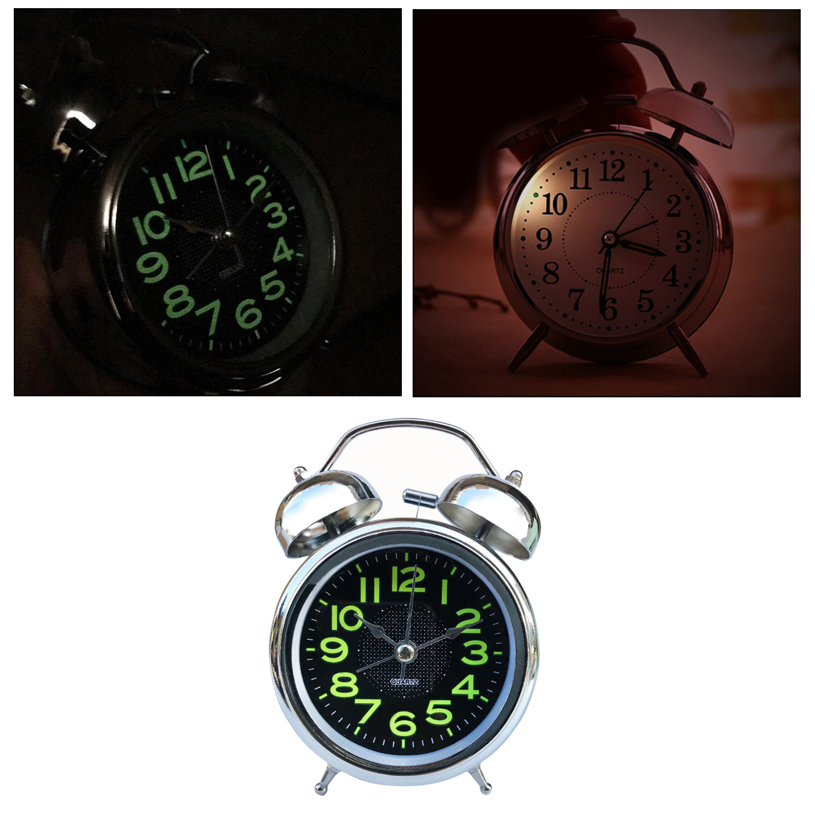 Silent Analog Alarm Clock Twin Bell Vintage Retro Classic Night Light Extra Loud