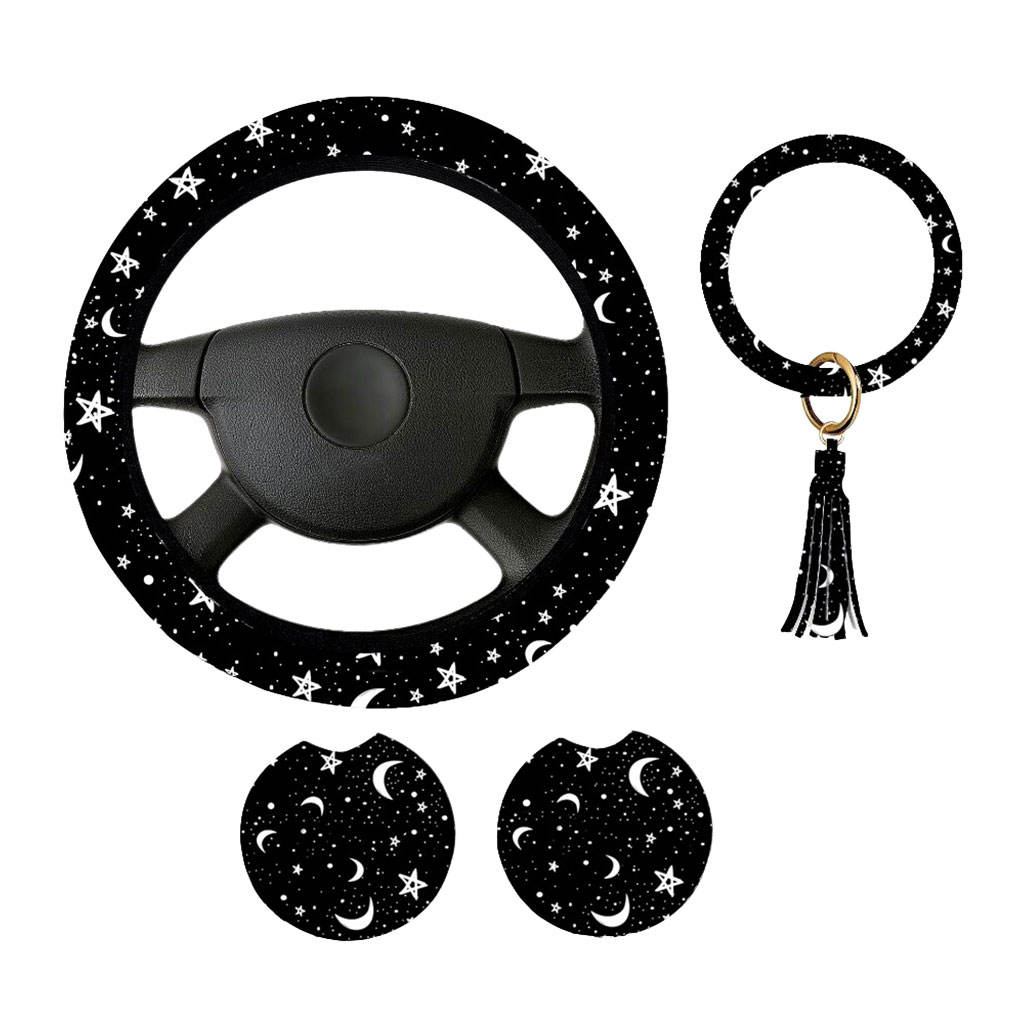 Universal Moons Stars Steering Wheel Cover with 2 Coasters and Keyring Anti-Slip Car Accessories Set Fit for Car Truck SUV