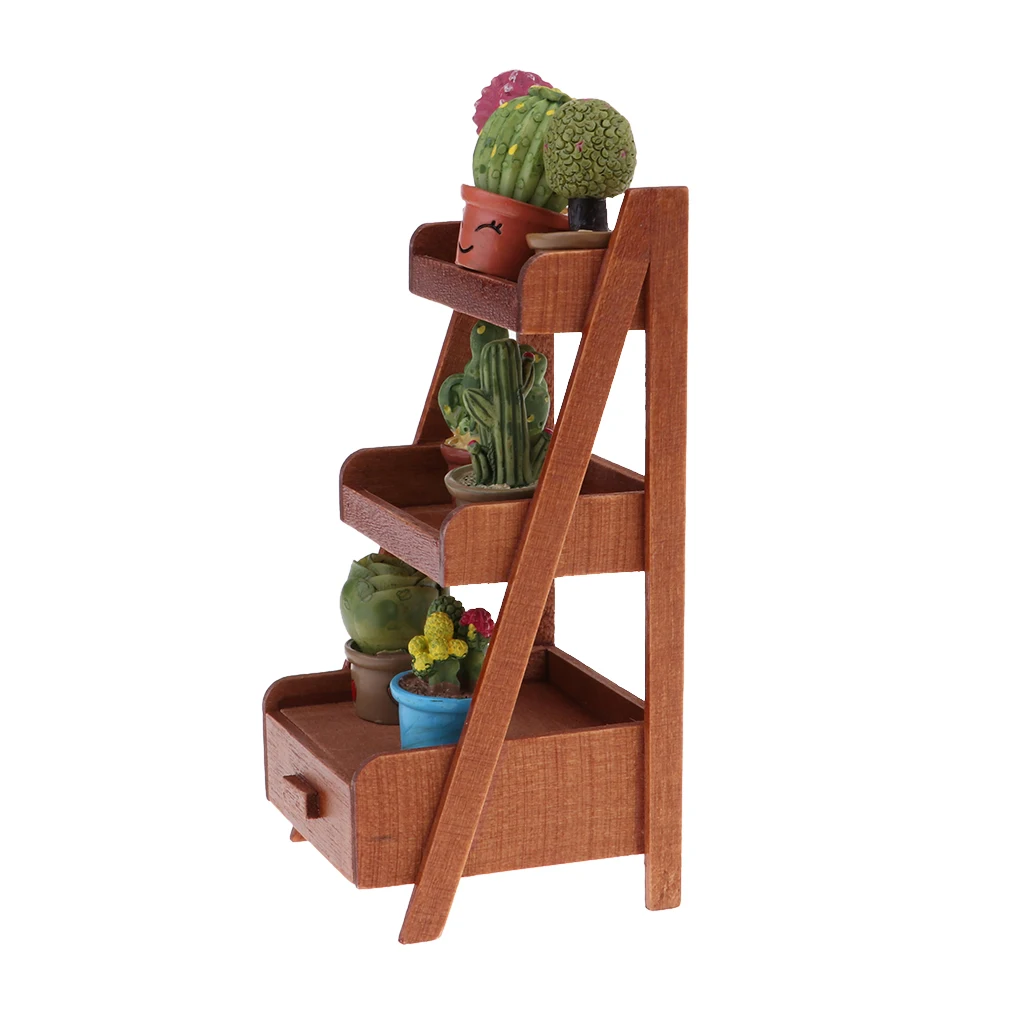 1/12 Dollhouse Mini 3 Layer Flower Rack Plant Ladder Shelf & Potted Plants