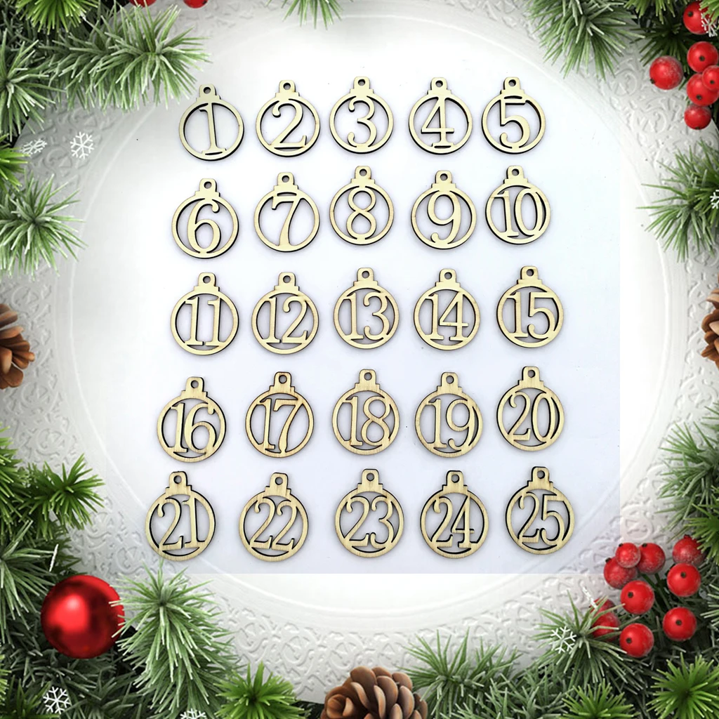 25 Pieces Vintage Wood Christmas Hanging Pendant  Advent Calendar Numbers Gift Tags 1-25