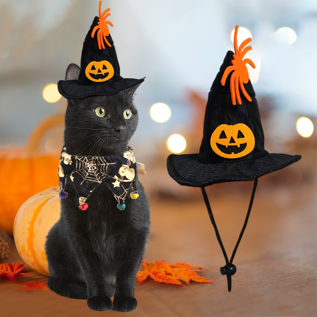 Soft Dog Cat Hat Scraf Wizard Halloween Costumes Pumpkin Spider Bells Holiday Festival Apparel Funny Pet Supplies