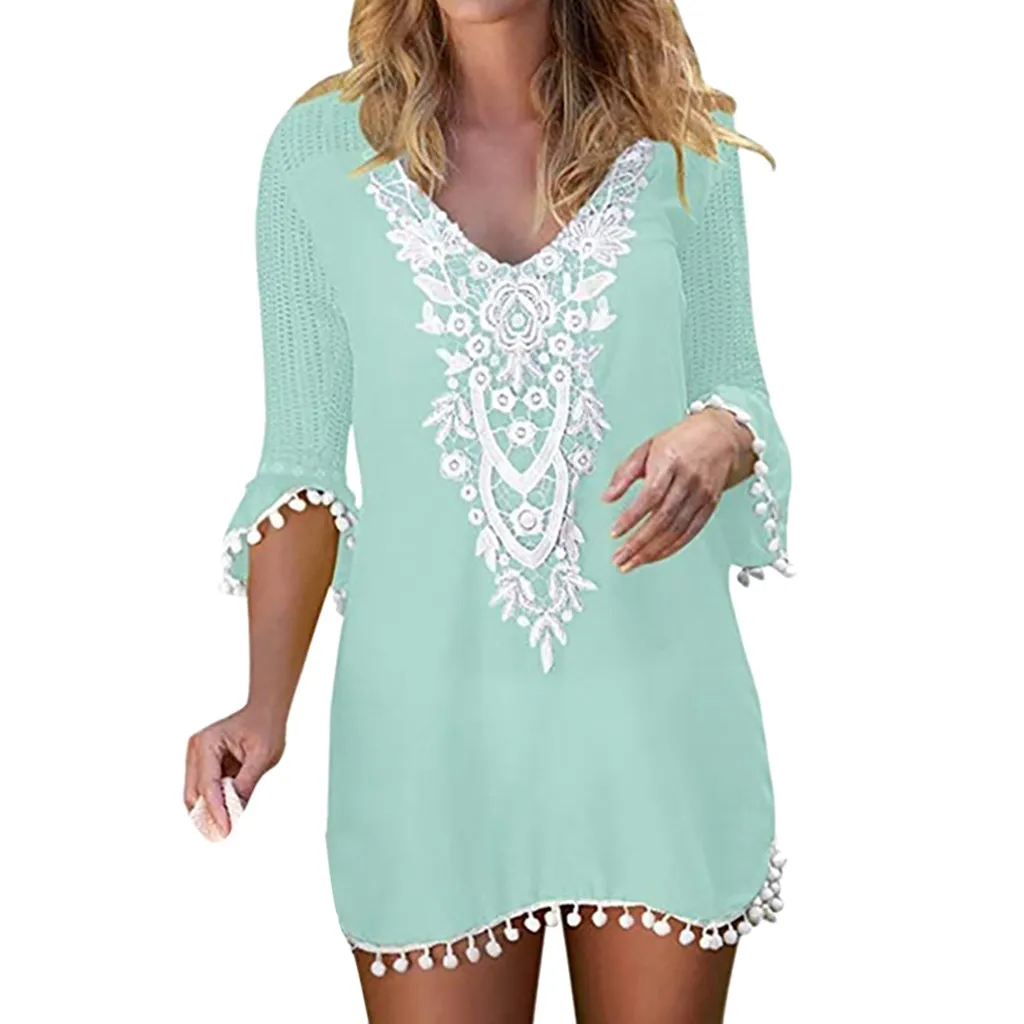 mesh bathing suit cover up Tassel Beach Dress Tunic Lace Crochet Cover Up Sexy Swimwear Women Loose Solid Bikini Cover-ups Bathing Suit Ladies Swimsuit Beach Robe Cover Up