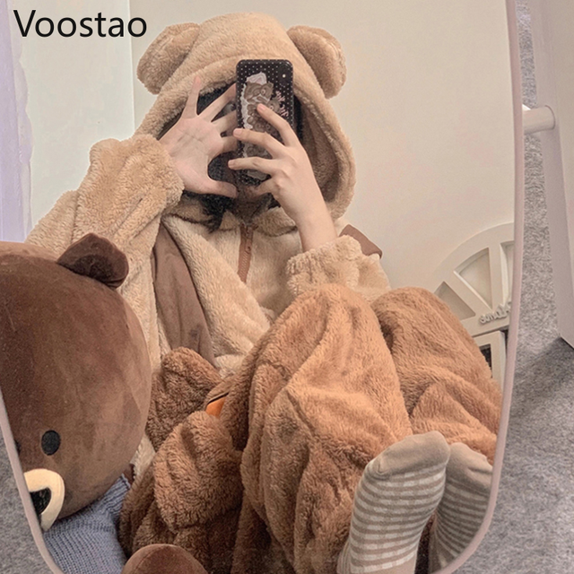 Autumn Winter Women Cute Bear Onesie Home Pajamas Warm Coral Fleece Kawaii  Hooded Homewear Sleepwear Girls