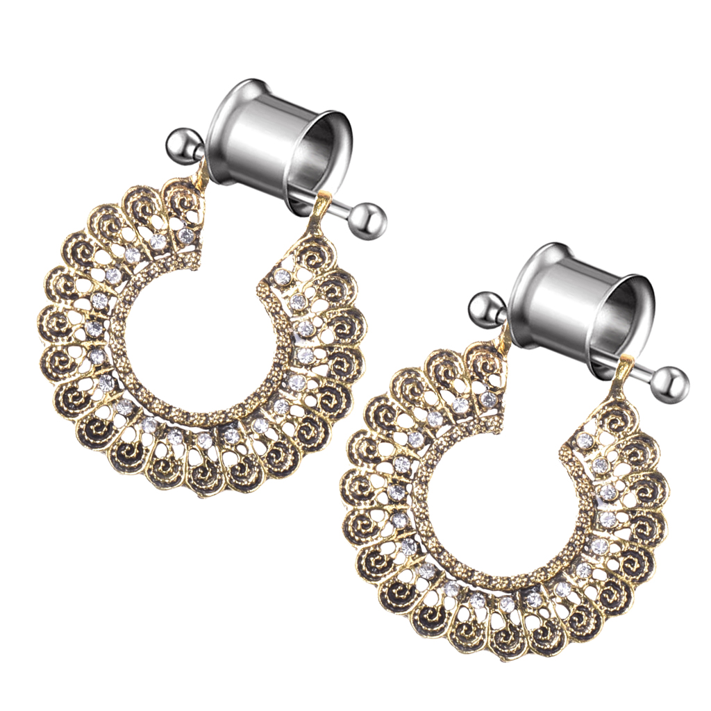 2Pcs Geometric Round Hollow Crystal Pendant Stainless Steel Screwed Ear Gauges Tunnels Stretchers , 2G / 0G / 00G, 12mm/0.5inch