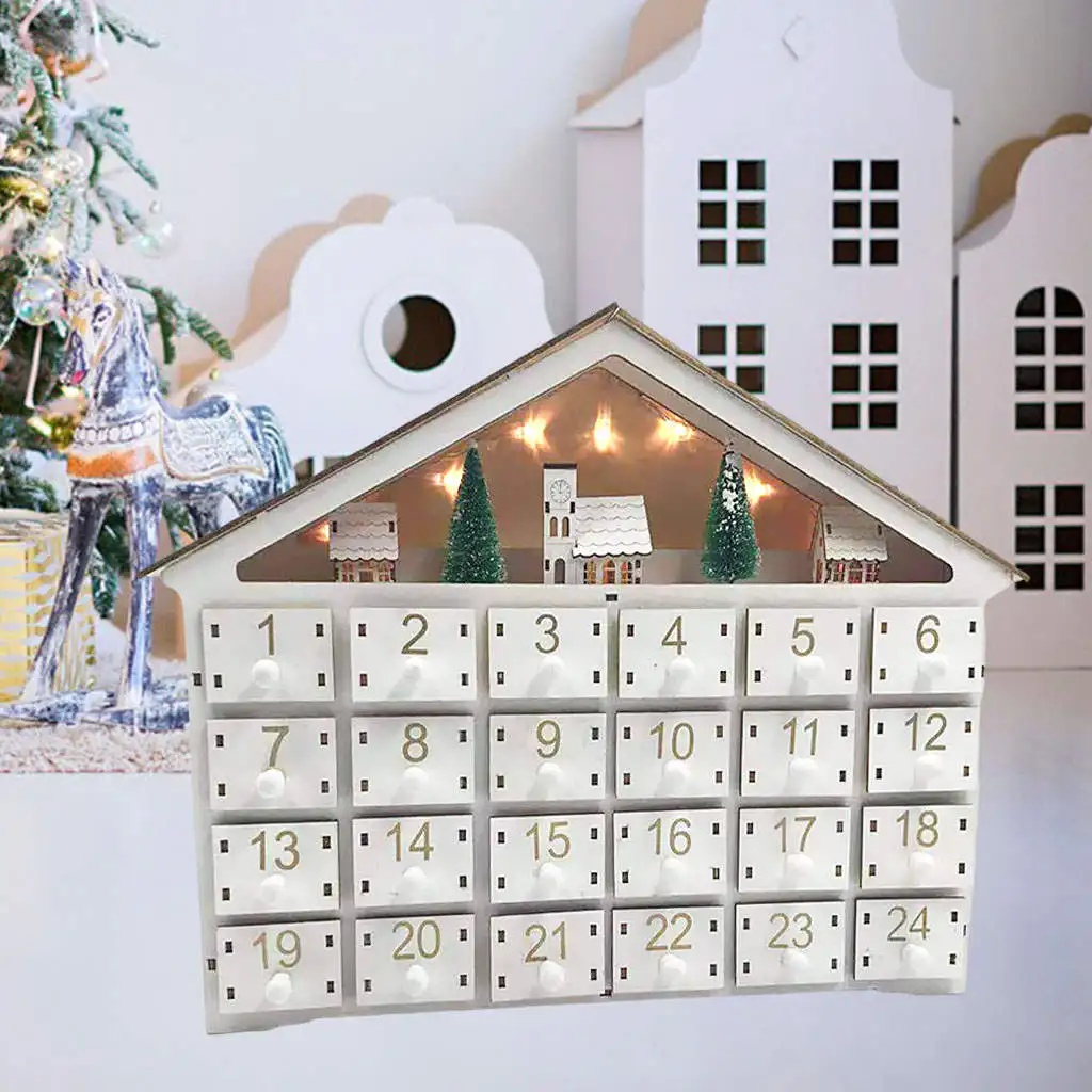 Christmas Wooden Advent Calendar 24 Storage Drawers LED Lights for Ornaments