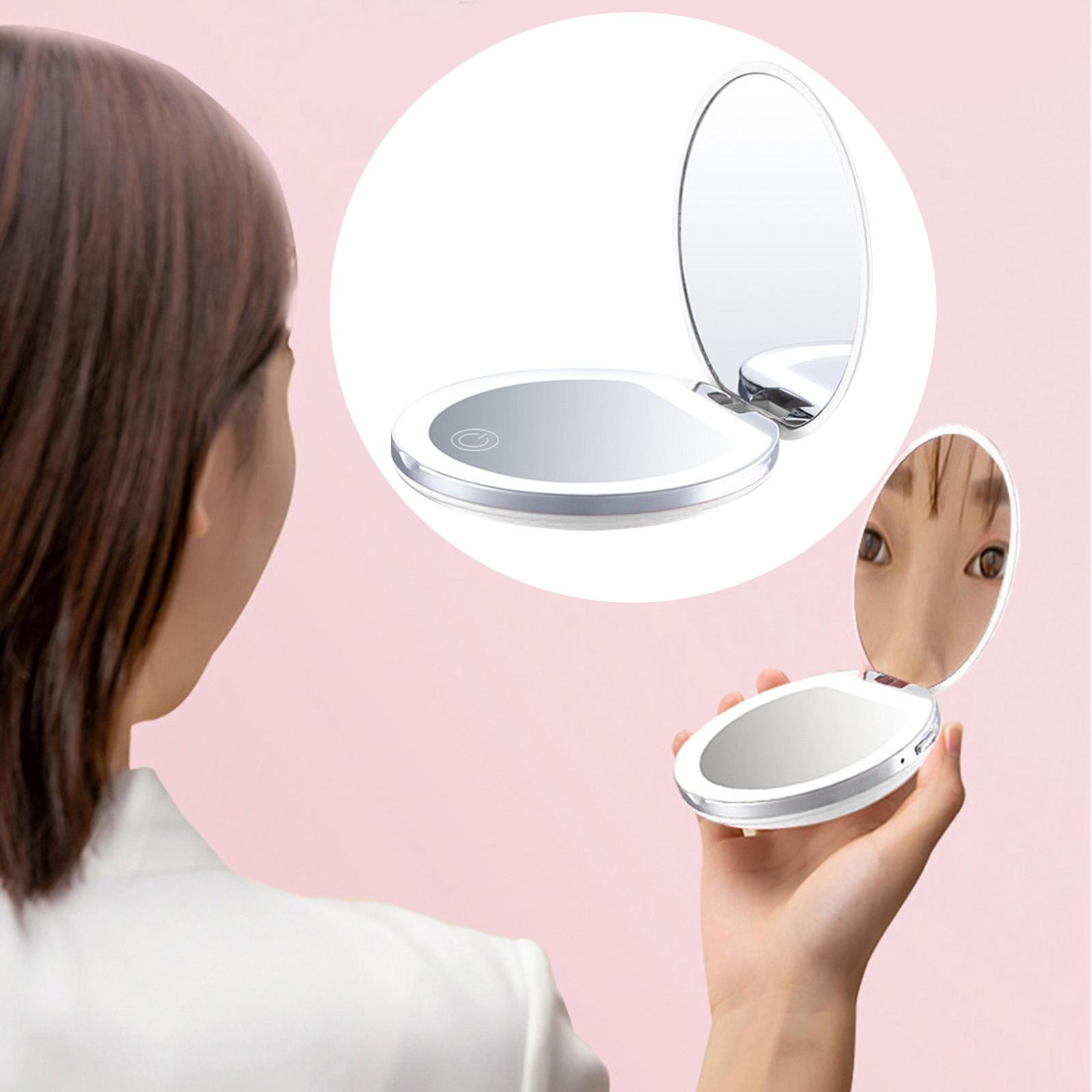 Portable Mini Makeup Mirror Compact Pocket USB Chargeable Folding Makeup Mirror with LED Light Cosmetic Mirror for Gift