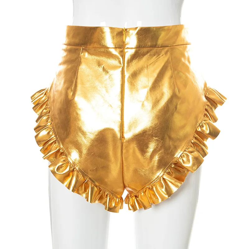 summer clothes for women Women’s Shiny Metallic Shorts Summer High Waist Solid Color PU Leather Ruffle Trim Short Pants Gold/Silver/Pink nike pro shorts